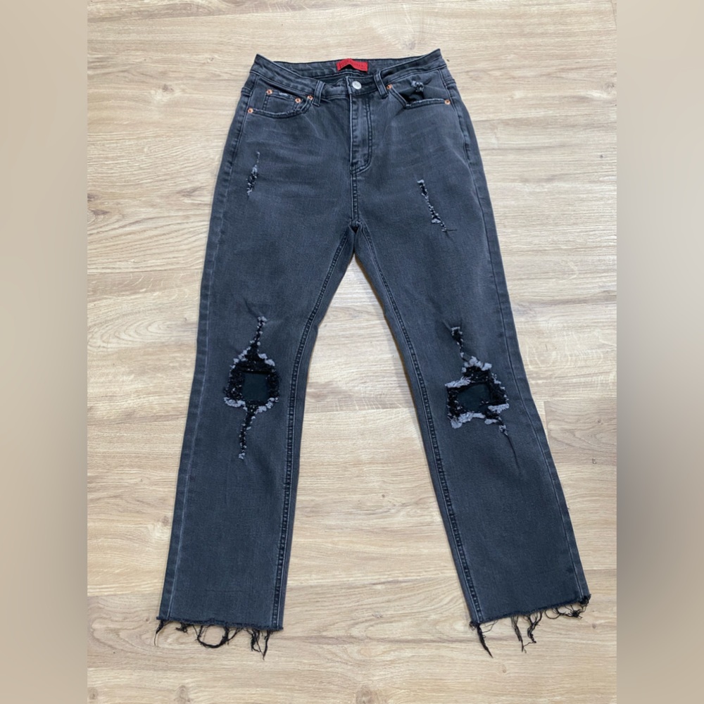 Signature8 Women's Black Hi-Rise Distressed Wide Leg Jeans Size Medium